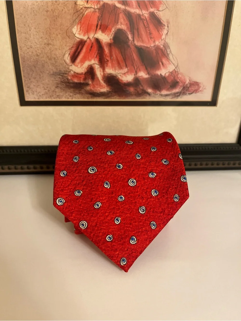 BVLGARI Red Silk Tie with Blue and Ivory Dot Motif - Made in Italy - 3.75” Width